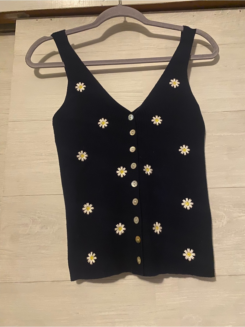 FRNCH Navy Daisy Embroidered Button-Front Knit Tank Top